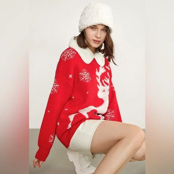J.ING Jing Red Pullover Oversize Christmas Sweater w/ White Collar One Size NWT - Picture 4 of 10